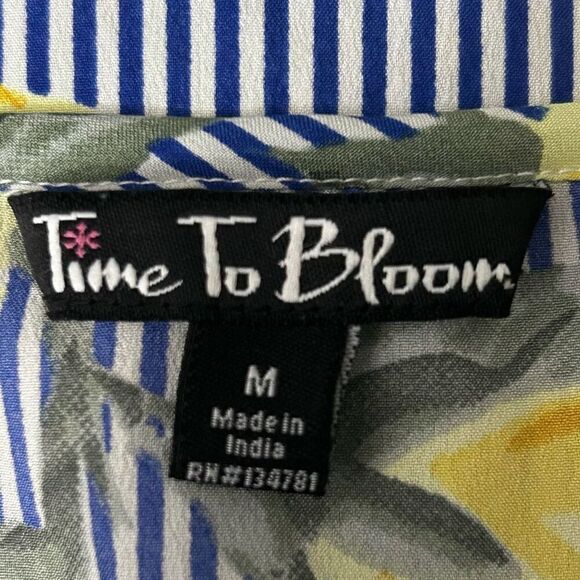 Time To Bloom Blouse Medium Blue Yellow Striped Floral Ruffle Spaghetti Strap - Picture 15 of 16